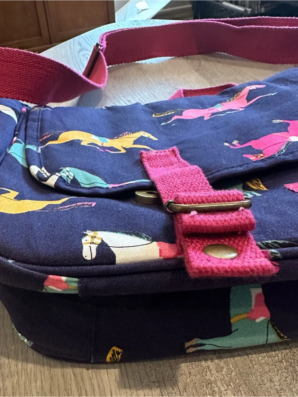 Joules Navy Crossbody Bag with Pink Strap and Multicolor Horse Print